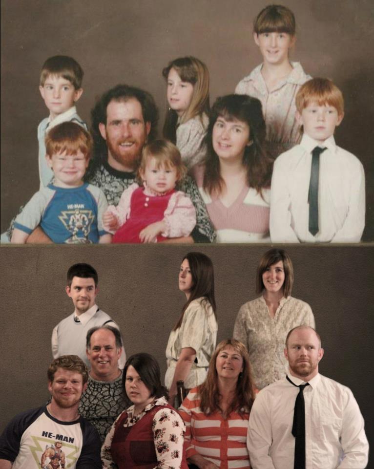a family photo with a dad, mom, and seven kids and a photo of that same family recreating that same photo years later when all of the kids are adults