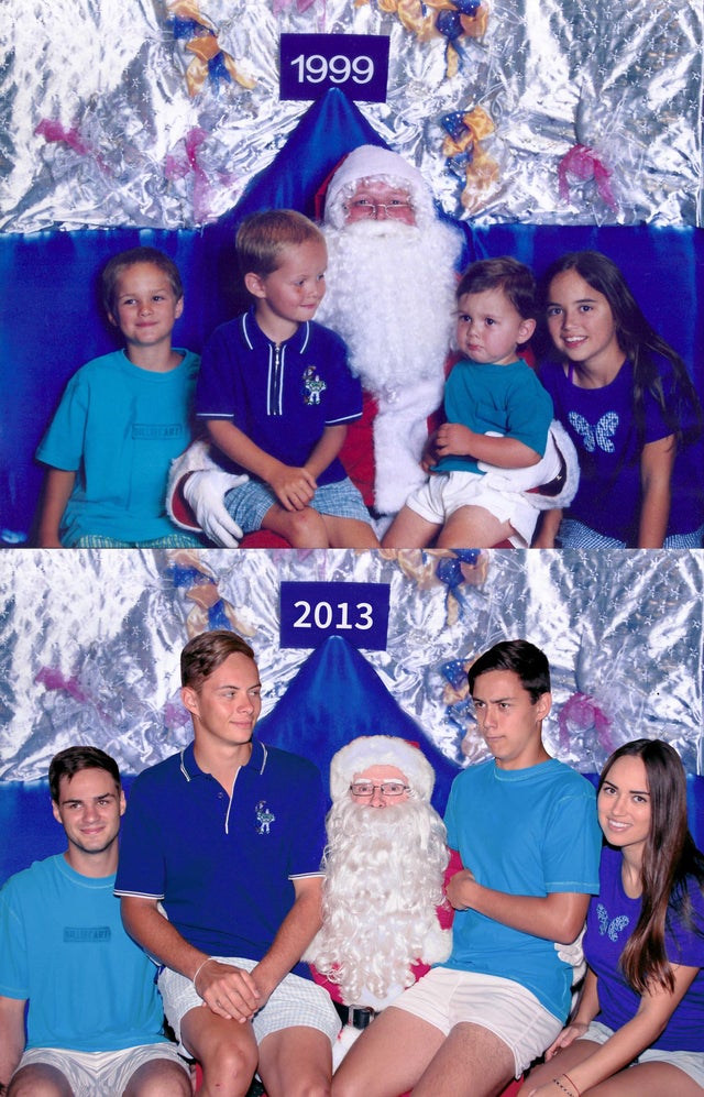 four children posing for a photo with santa in 1999 and those same four children, now older, recreating that photo in 2013