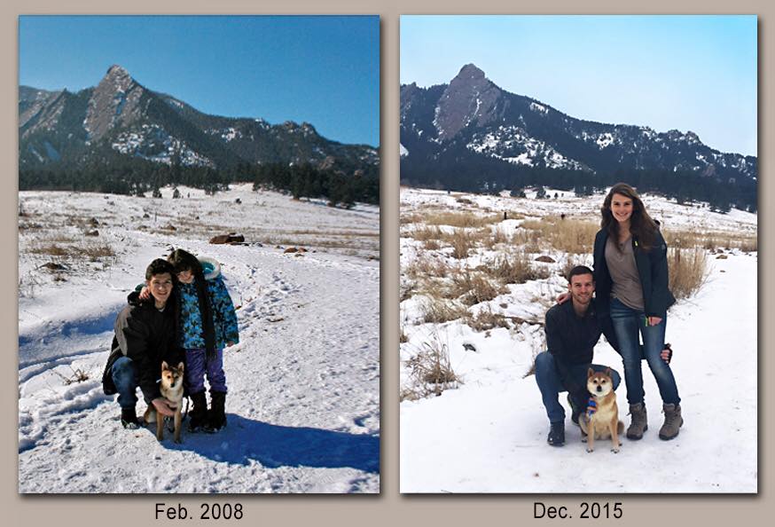 an image of a young man posing with his little sister and their dog outside in colorado in the snow with a mountain in the distance and those same people recreating the same pose in the same location nearly eight years later