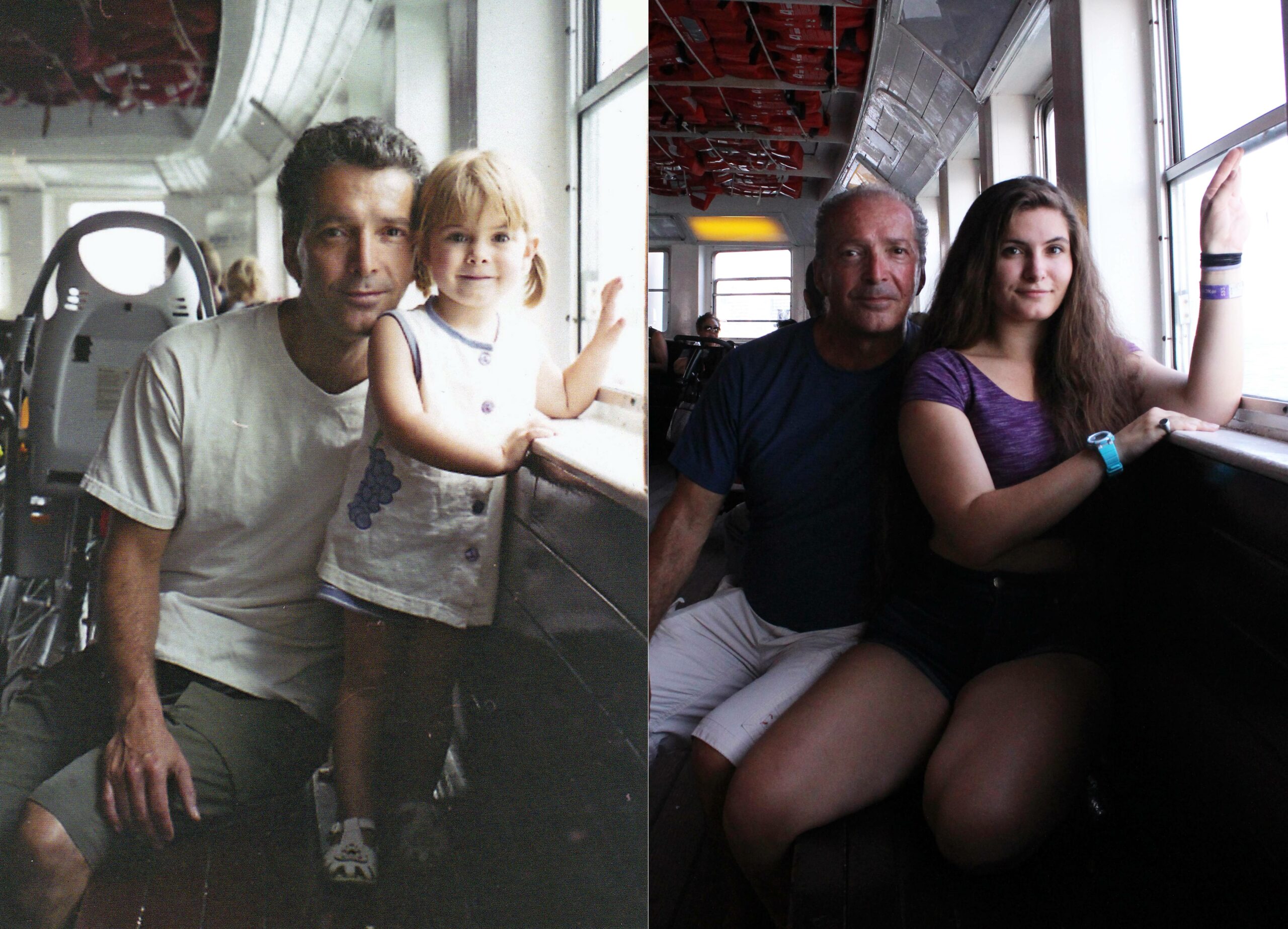 a photo of a man and his little girl smiling as they sit by a window on a ferry to centre island and a photo of those same people recreating that photo now that the little girl is an adult