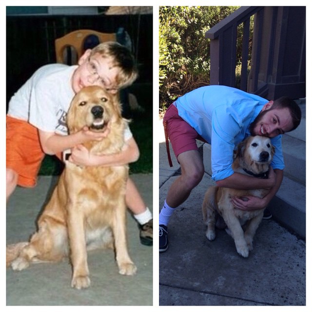 a little boy hugging his golden retriever, cassie, and a photo taken 13 years later of the same boy, now an adult, hugging the same dog