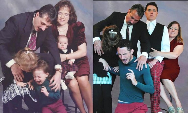 a family with a dad, mom, two little kids, and a baby trying to take a family photo but the two kids are fighting and crying and a photo taken years later with the same people who are recreating that very photo
