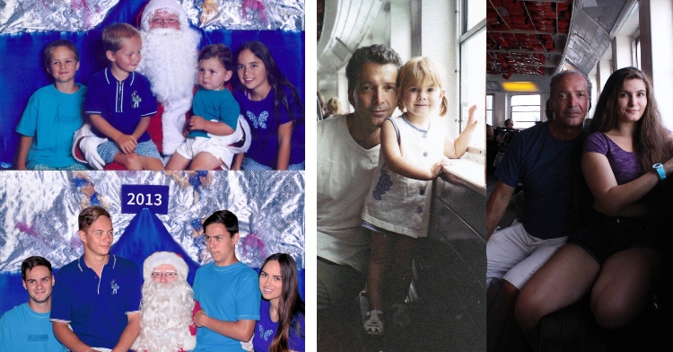 four children posing for a photo with santa in 1999 and those same four children, now older, recreating that photo in 2013 and a photo of a man and his little girl smiling as they sit by a window on a ferry to centre island and a photo of those same people recreating that photo now that the little girl is an adult