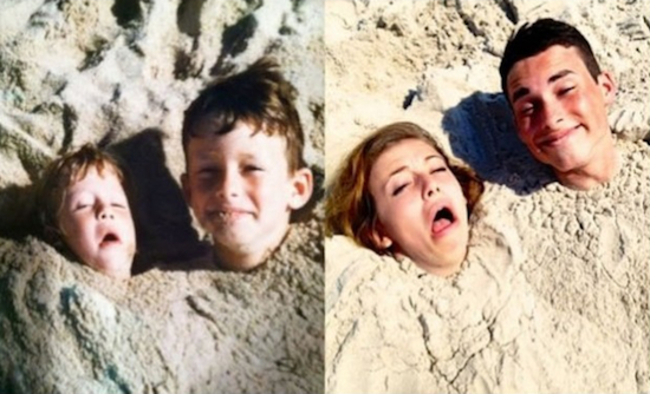 a photo of a little girl and a little boy posing for a photo while buried in sand up to their neck and a phot of those same two as a adults recreating that photo
