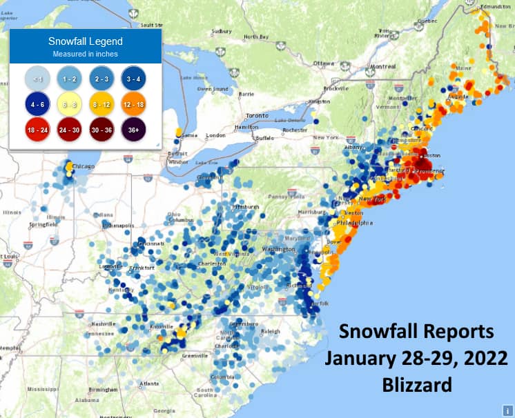 a map of the northeastern side of the united states with various colors indicating snowfall reports for january 28-29, 2022