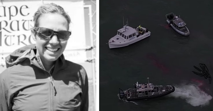 a black and white photo of a woman named pam harght wearing sunglasses as she smiles and poses outside and three rescue boats on the water off the massachusetts coast approaching three fishermen whose boat overturned