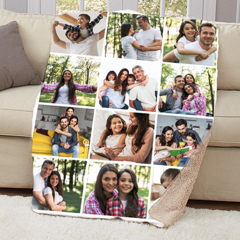 a large blanket on a tan couch that has several different family photos on it that was created by etsy user lifestylesbyramco