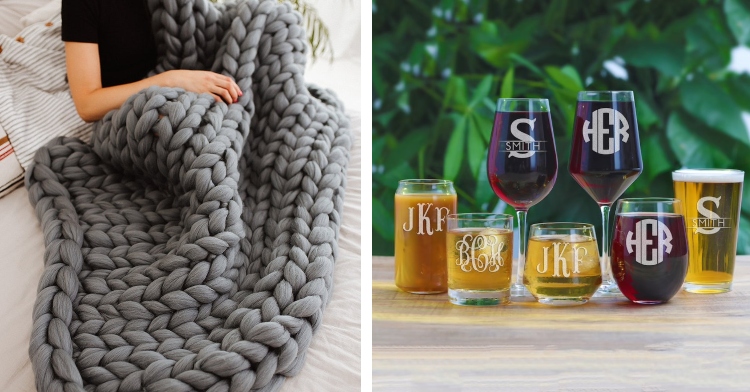 a woman sitting on a bed while covered in a grey, chunky blanket from etsy user chunkywoolstudio and various types of drinking glasses with wine or beer that each have a persoanlized monogram, each of which are sat outside on a table and are made by etsy user yaypersonalizedgifts