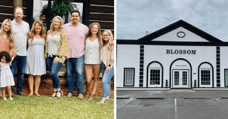 two-photo collage. on the left there is a picture of the durrence family. on the right there is a picture of the blossom clothing shop.