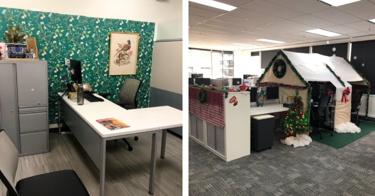 an office decorated with green and floral wallpaper, a poster, and various other décor pieces and office cubicles decorated to look like a house with christmas decor