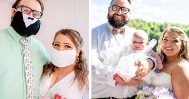 bride and groom next to bride and groom holding baby