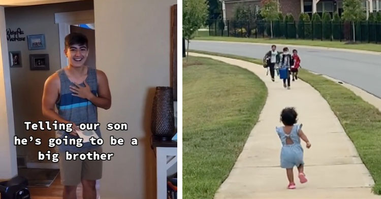 teen finding out he's going to be a big brother next to little girl running toward her brothers