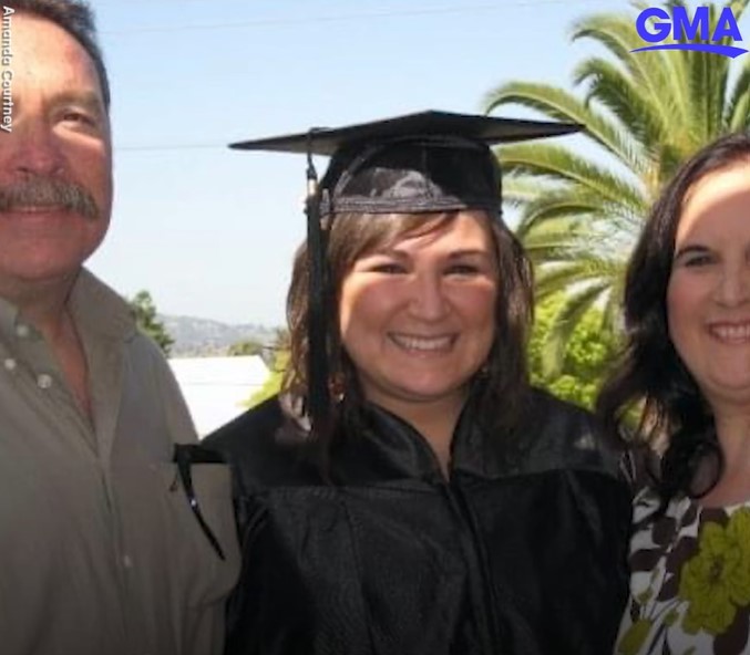 a woman named amanda courtney smiling in her graduation gown and cap as she poses next to her parents