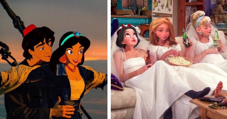 jasmine and aladdin edited onto the body’s of jack and rose from the movie ‘titanic’ in the ‘I’m flying’ scene and snow white, rapunzel, and cinderella edited onto monica, rachel, and phoebe from the show ‘friends’ when the three of them are eating and drinking on a couch while wearing wedding dresses