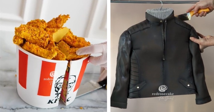 a cake that looks like a bucket of fried chicken from kfc by a turkish baker named tuba geçkil and a cake that looks like a black leather jacket hanging up that is also by tuba geçkil