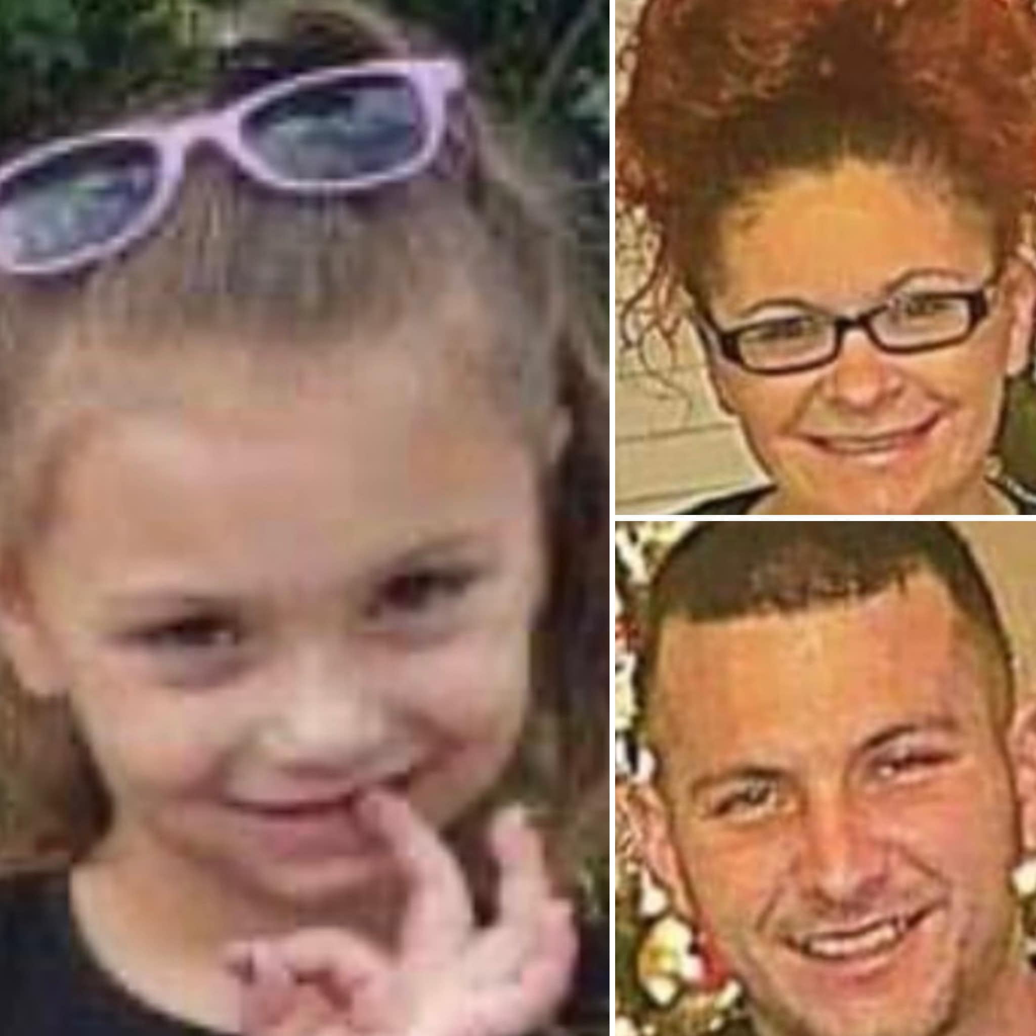 collage of three photos showing a 4 year old girl, a woman named kimberly cooper, and a man named kirk shultis jr.