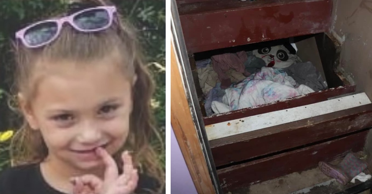 closeup of a 4 year old girl smiling and a closeup of a small, dirty space filled with various blankets that's located under a staircase in the house of kirk shultis sr.
