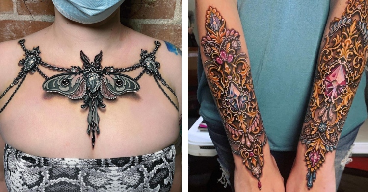 a regal luna moth capelet harness tattoo by tattoo artist ryan ashley dicristina and a pair of gold wristlet tattoos that are also by ryan ashley dicristina