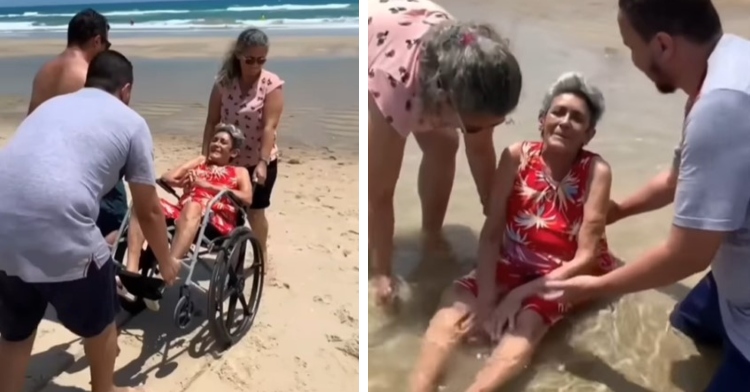 three people carrying a elderly woman in a wheelchair down a beach toward the ocean and that same elderly woman sitting on the sand as two people help her get comfortable