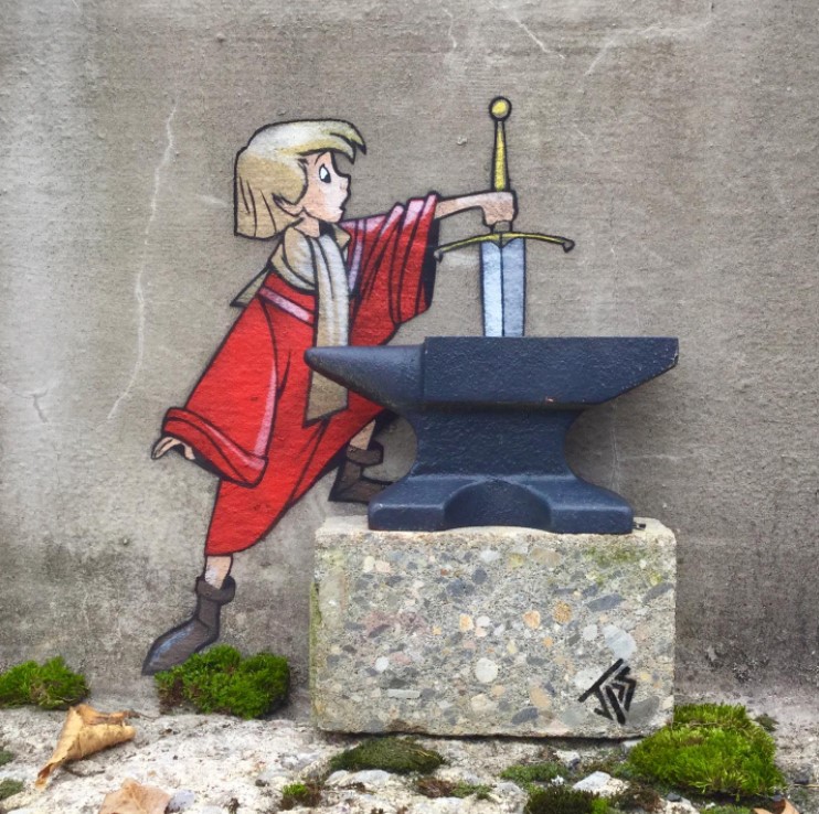graffiti art by jps of young disney's young king arthur attempting to take a sword out of a stone