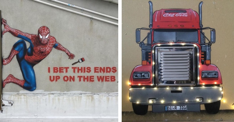 graffiti art by jps of spiderman next to the words "I bet this ends up on the web" and graffiti art by jps of a giant coca-cola truck decorated with real fairy lights