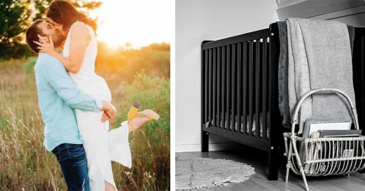 man holding woman in field next to black and white picture of empty crib