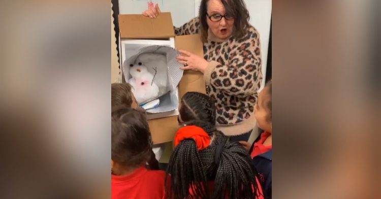 a woman named robin hughes excitedly showing her kindergartner's a snowman named lucky that's still in the box he was shipped in from kentucky