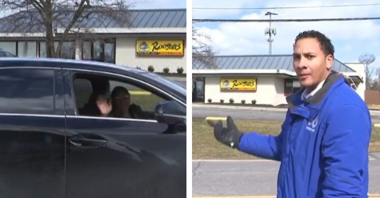 a woman waving from inside a black car and a man named myles harris pointing in disbelief towards his mom who is pulling up next to him in a black car