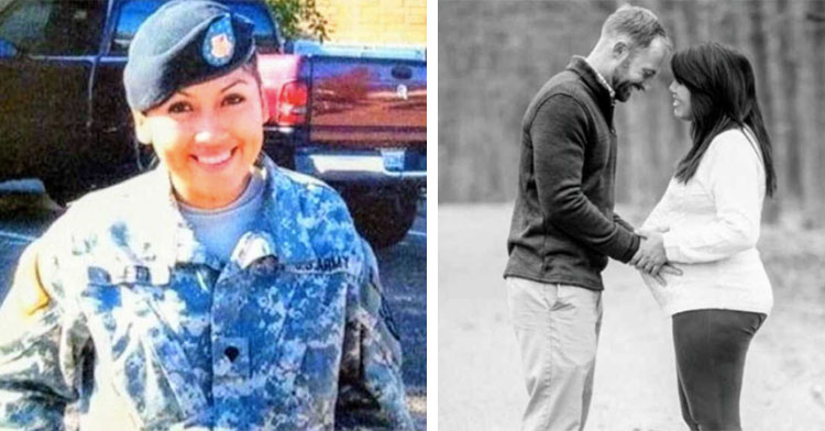 woman in army uniform next to picture of pregnant couple