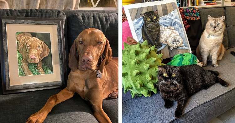 a large brown dog named ralphy laying on a couch next to a painting of himself by artist alex cech and two cats named morgan and gaia sitting on a couch as they pose next to a painting of themselves by artist alex cech