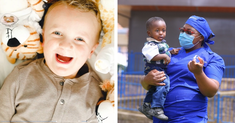 a little boy smiling as he lays next to a cuddles for clefts stuffed animal and a surgeon named dr. amanda malungo wearing a face mask as she talks to a little boy she's holding in her arms