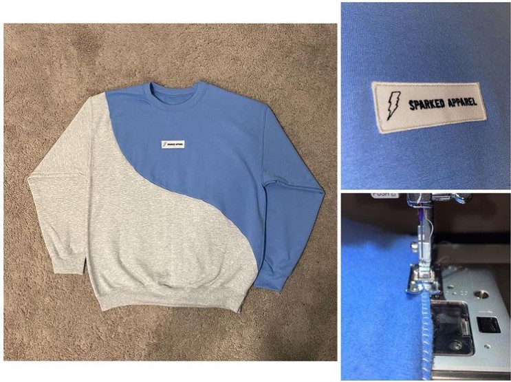 collage of a blue and grey sweatshirt from sparked apparel by 19 year old wyatt miller 