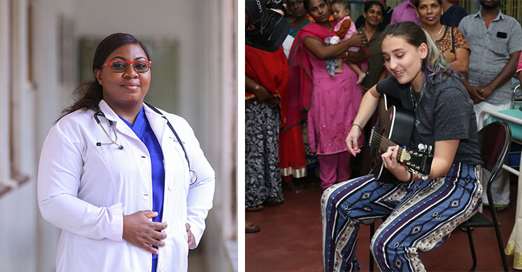 doctor in uniform next to woman playing guitar