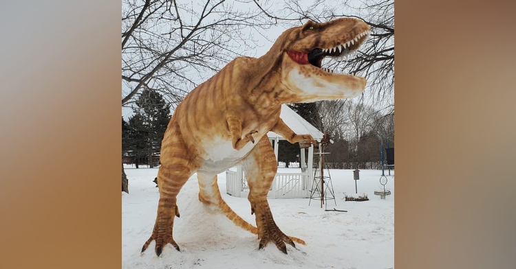 a 12 foot tall snow sculpture of a t-rex that was made by a man in minnesota named paul larcom