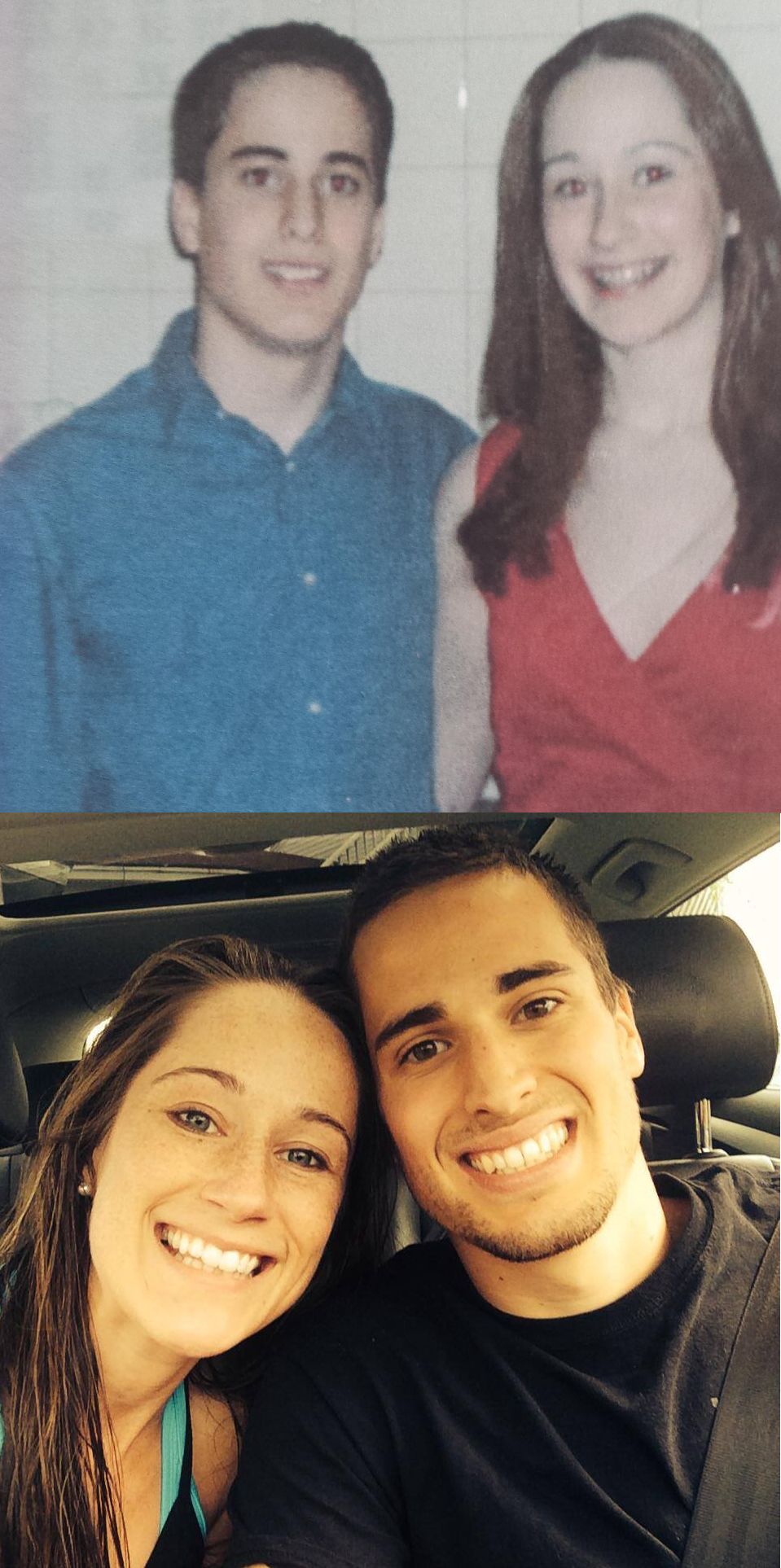 A composite photo of a younger couple on top in a grainy picture and the same couple on the bottom in the present