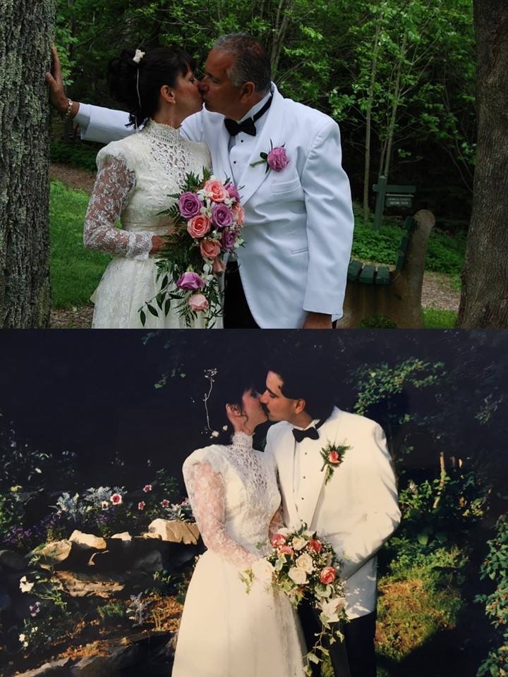 a composite photo with a couple on their wedding anniversary on the top, and in their actual wedding on the bottom