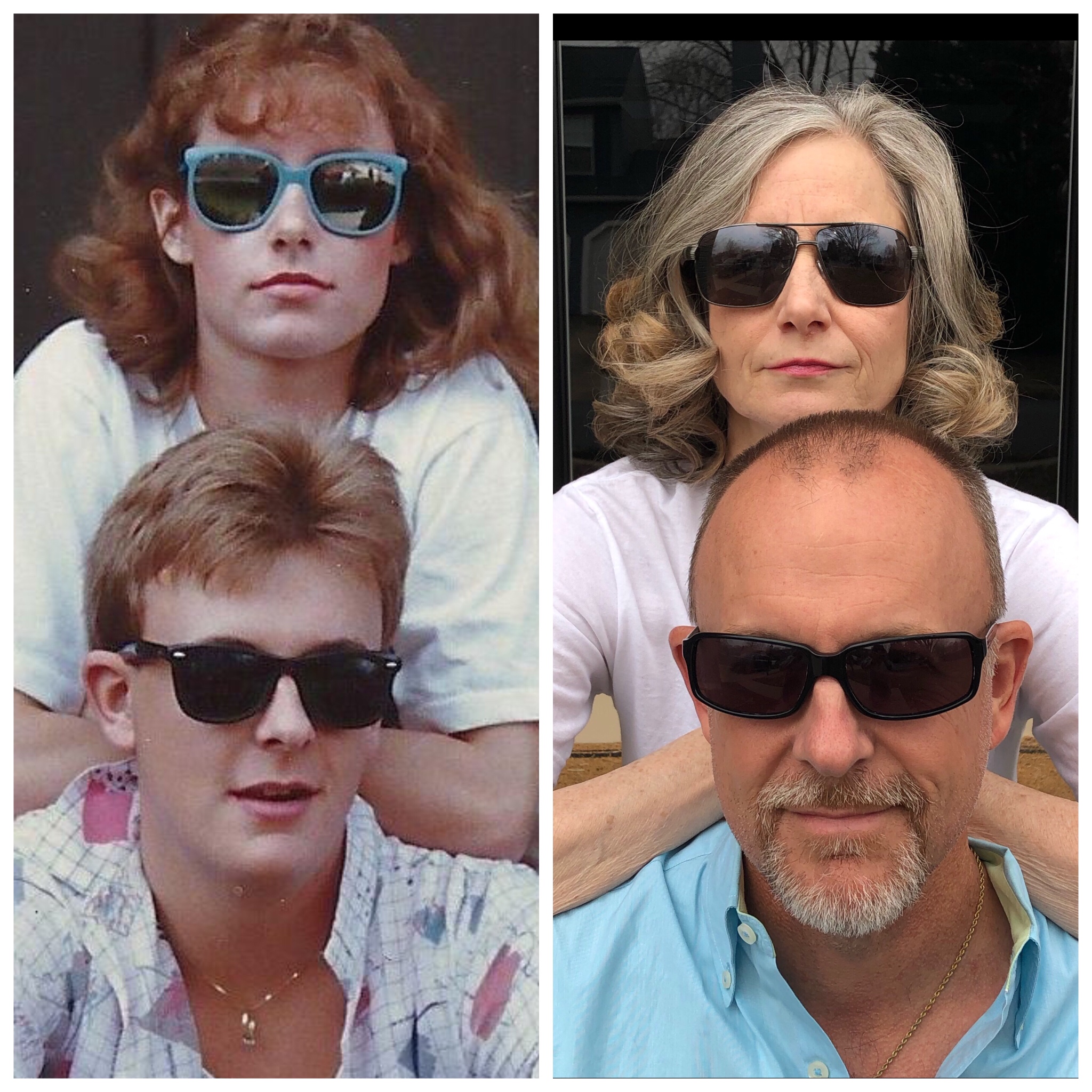 a composite photo of a posed younger couple on the left wearing sunglasses and the same couple in the present posed the same way on the right also wearing sunglasses