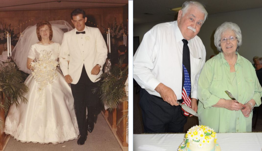 a composite photo with a young couple on their wedding day on the left, and the same couple in the present cutting a cake on the right