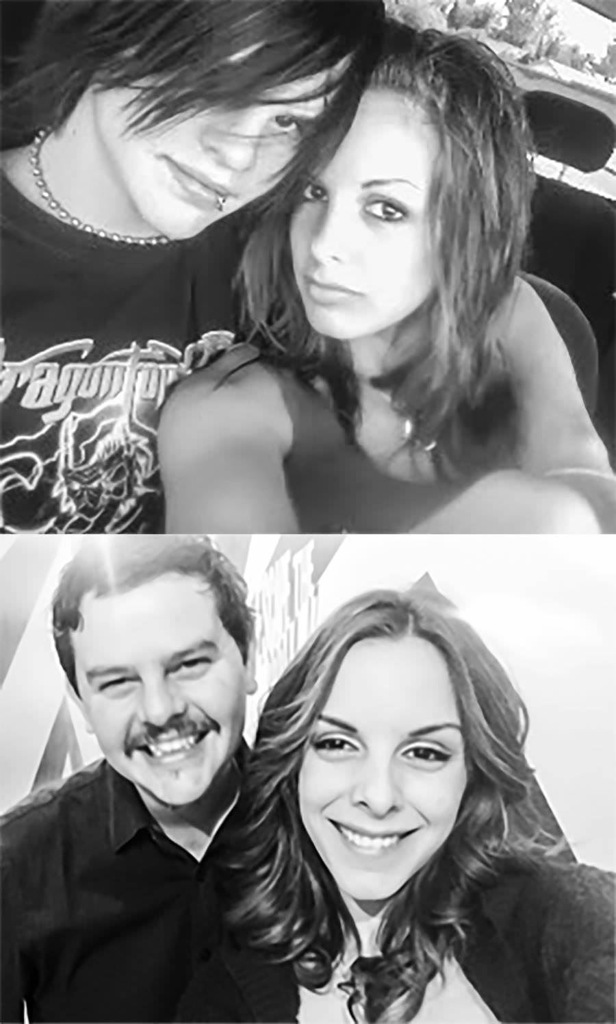 a composite black and white image of a younger emo couple on top and the same couple, less emo, in the present on the bottom