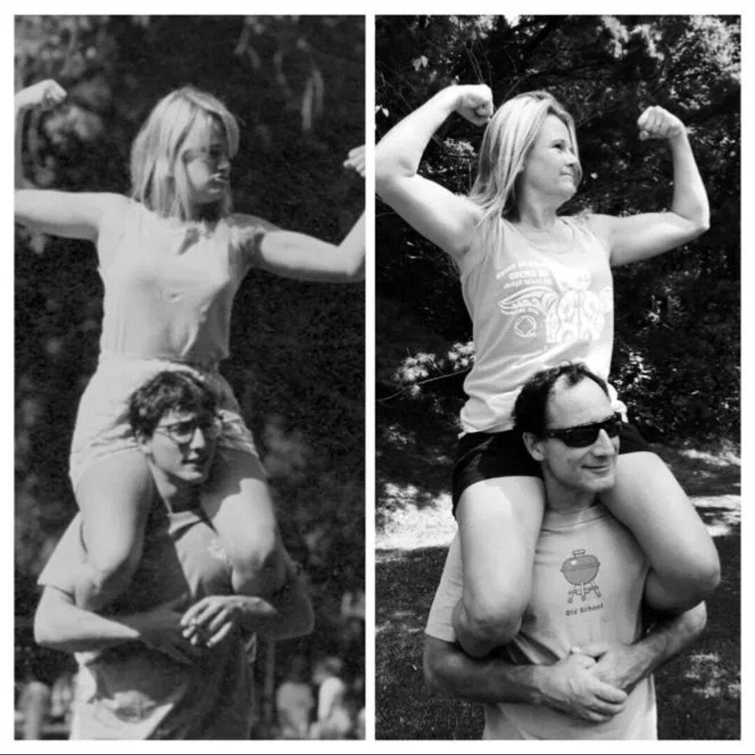 a composite black and white photo with a young blonde woman sitting on a young dark-haired man's shoulders on the left and that same woman sitting on the same man's shoulders on the right in the present
