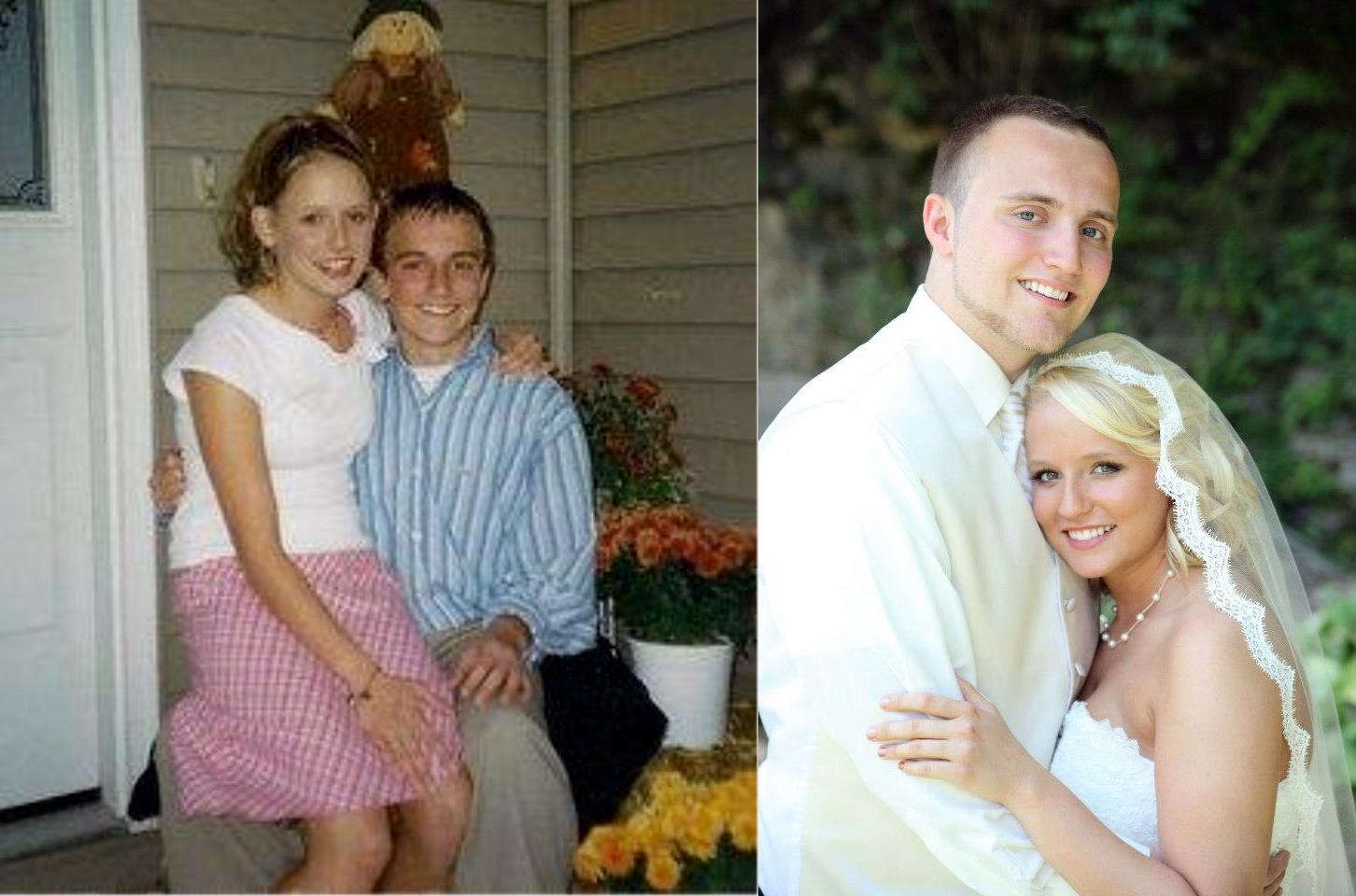a composite photo of a teenage couple on the left and the same couple in the present on their wedding day