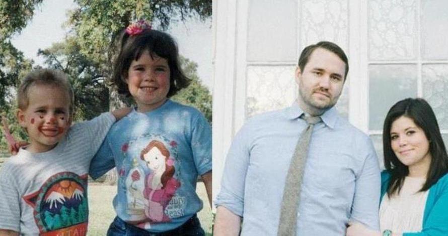 a composite photo with a pair of kids hugging on the left and the same kids grown up as a couple on the right