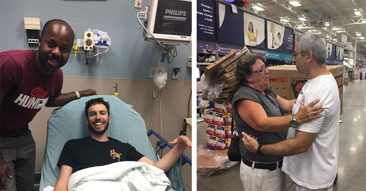 two men in hospital room next to man and woman hugging in store