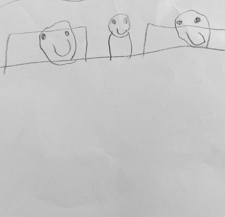 a simple drawing a kid made with two people representing his parents and one representing themselves as all three of them lay in bed under the sheets