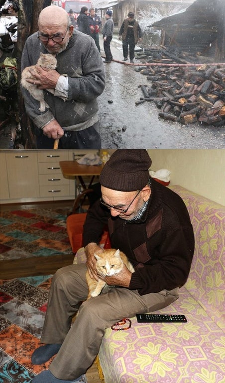 a photo of an elderly turkish man crying as he stands near his burned down house as he holds his cat closely and another photo of that same man smiling as he sits on a couch in his new home and holds one of his cats