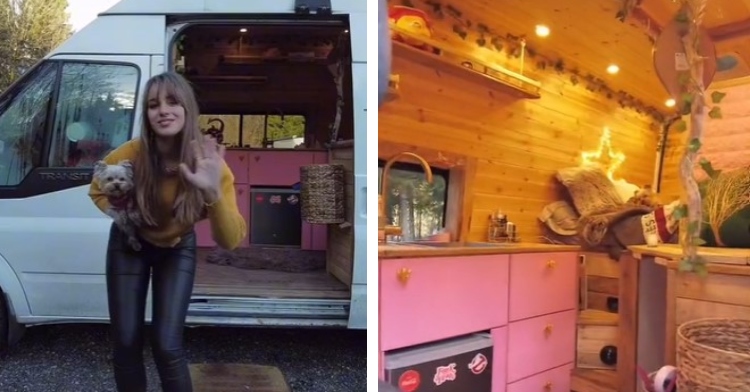 a woman named ame waving while holding her small dog, gigi, as she stands in front of her opened-door van turned home and a view of the inside of the van that shows off part of the kitchen and bedroom