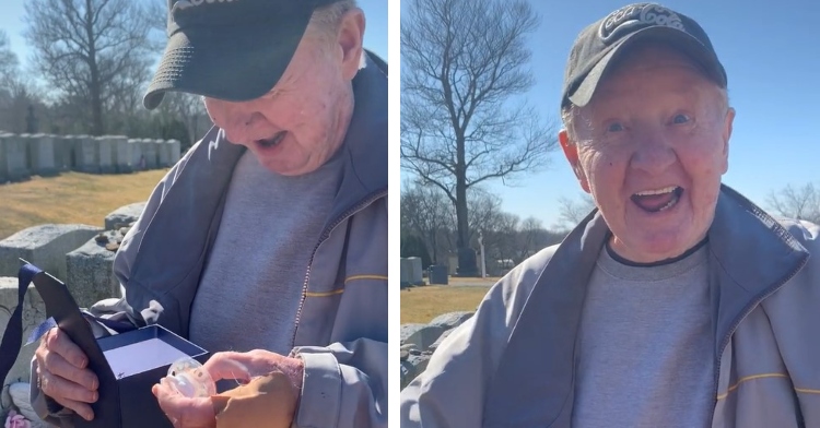 an elderly man looking down at a small box with a letter and a pacifier and that same elderly man smiling wide after learning he's going to become a grandpa