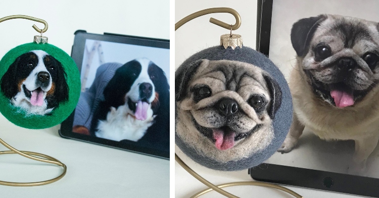 ornament made by hanna tsukanoya with a 3d pet portrait of a dog that is hanging next to a tablet showing off a photo of the dog the ornament was based on and another ornament by hanna with a pug alongside the photo it was based on as well