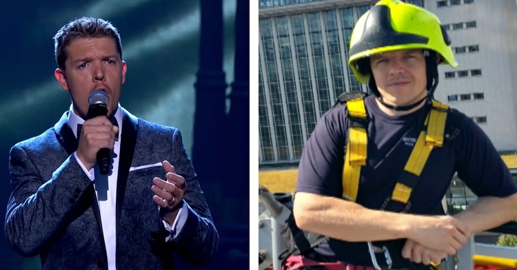 a two-photo collage. the first shows andy quinn singing on “michael mcintyre’s big show.” the second is of andy in his firefighter uniform.