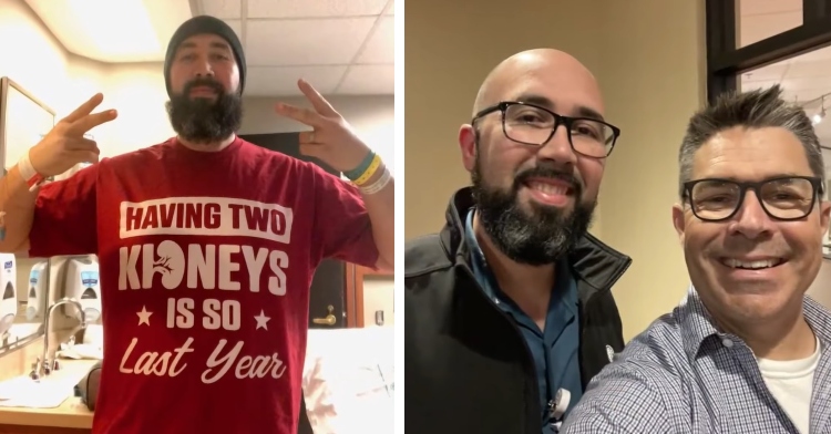 a two-photo collage. the first is of chris perez giving peace signs while wearing a shirt that says "having two kidneys is so last year." the second is of chris perez and steve sanders smiling for a selfie together.